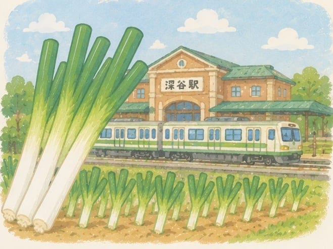 深谷市のイラスト。手前に深谷ねぎの畑、奥に赤レンガの深谷駅と電車