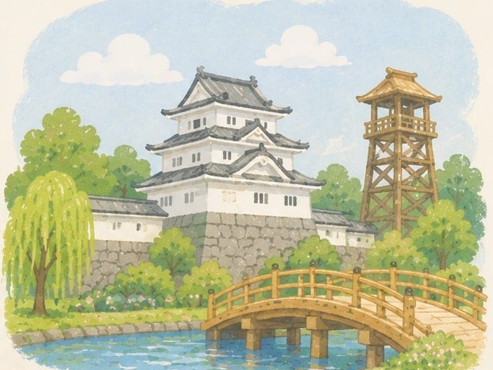 行田市のイラスト。忍城と鐘楼、堀にかかる木の橋