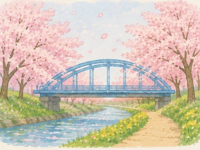 東松山市のイラスト。満開の桜並木と、川にかかる青い橋