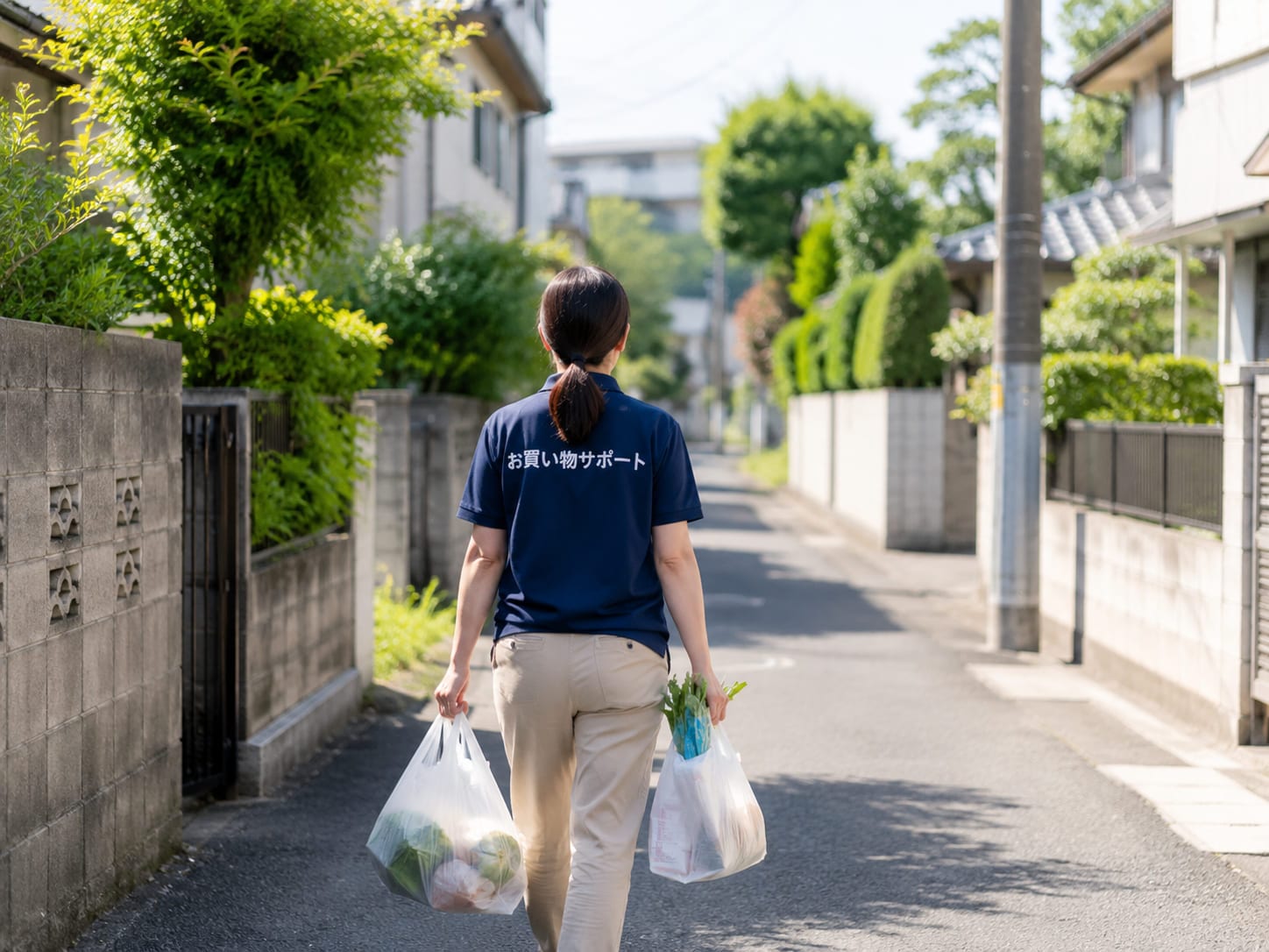 緑の多い住宅街の道を、買い物袋を提げて歩いている後ろ姿