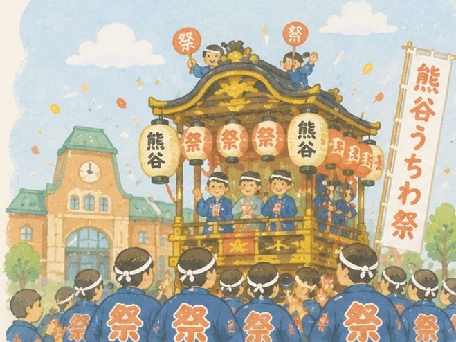 熊谷うちわ祭のイラスト。山車を囲んで、祭半纏を着た人たちが並んでいる