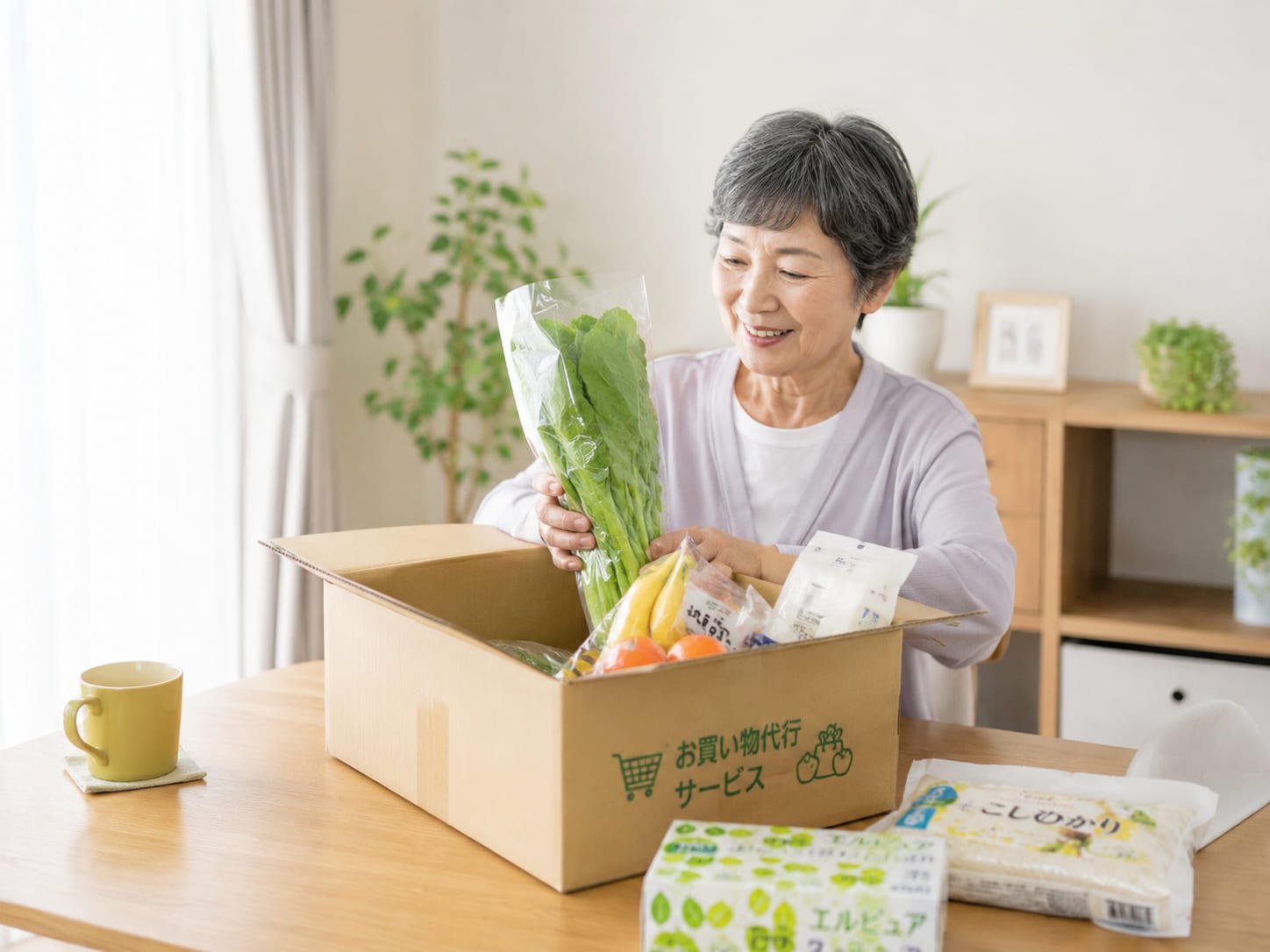 自宅のテーブルで、届いた箱から葉物野菜を取り出す高齢の女性。手前にはお米とトイレットペーパー