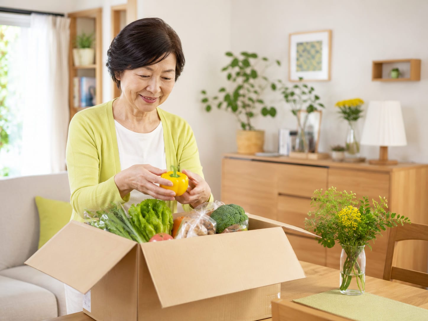 自宅のリビングで、届いた箱から野菜を取り出している様子
