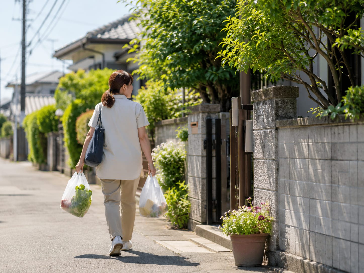 住宅街の道を、買い物袋を両手に提げて歩いて帰る後ろ姿