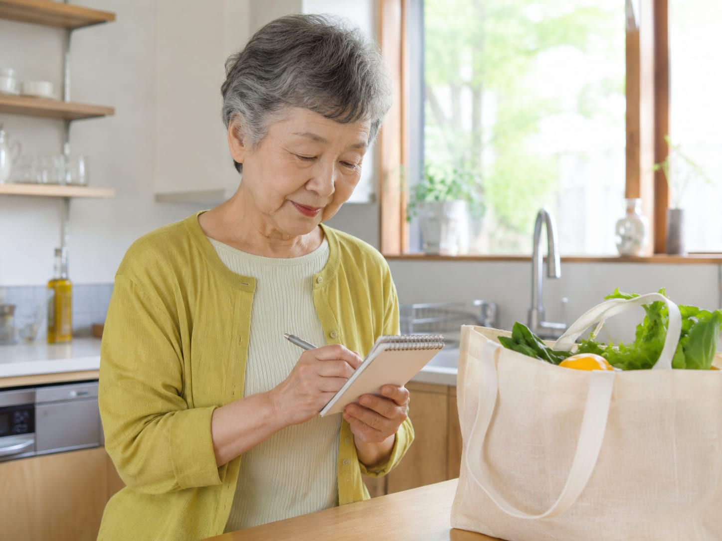 明るいキッチンで、高齢の女性が買い物メモを書いている様子。そばには野菜の入ったトートバッグ