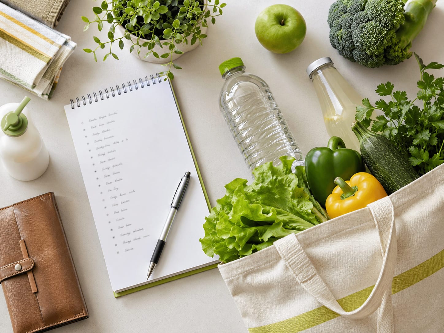 買い物リストを書いたノートと、野菜や飲み物を入れたトートバッグを並べた様子