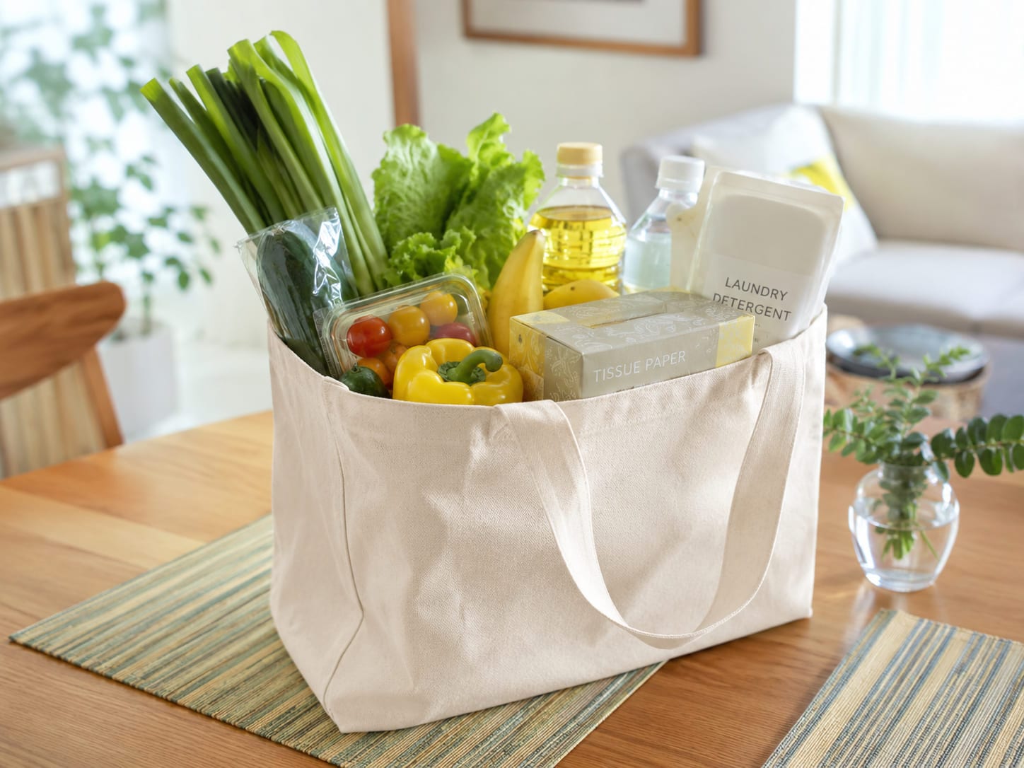 テーブルに置かれたトートバッグ。長ねぎやパプリカなどの野菜と、調味料や洗剤が入っている